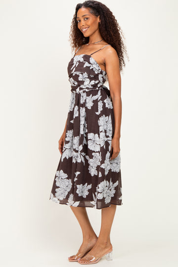 Brown Floral Tie Back Midi Dress
