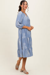 Blue Embroidered Tiered Midi Shirt Dress