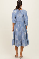Blue Embroidered Tiered Midi Shirt Dress
