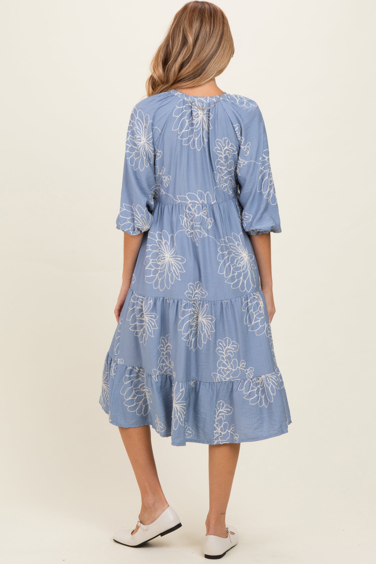 Blue Embroidered Tiered Maternity Midi Shirt Dress