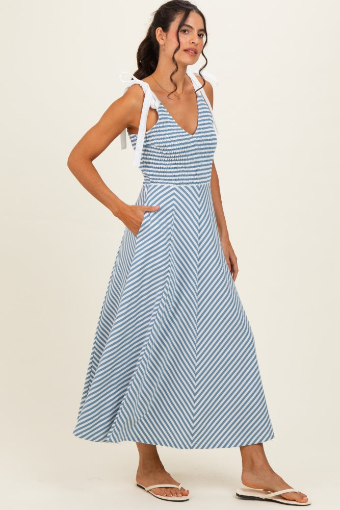 Light Blue Striped Smocked Shoulder Tie Midi Dress
