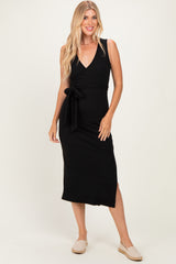 Black Sleeveless Wrap Midi Dress
