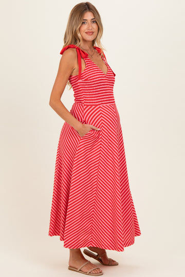 Red Striped Smocked Shoulder Tie Maternity Midi Dress