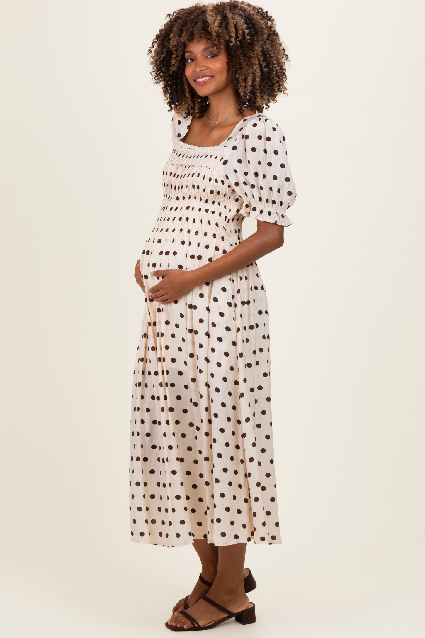 Ecru Polka Dot Smocked Maternity Midi Dress