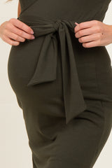 Olive Sleeveless Wrap Maternity Midi Dress