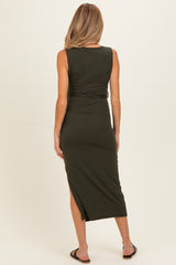 Olive Sleeveless Wrap Maternity Midi Dress