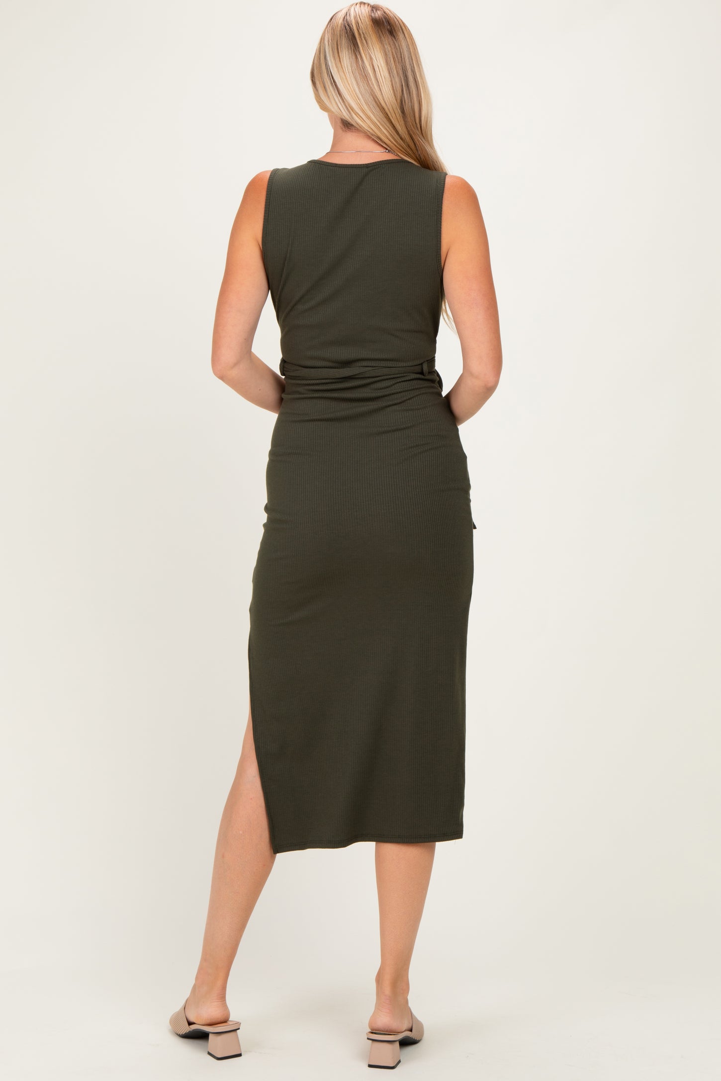 Olive Sleeveless Wrap Midi Dress