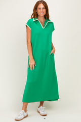 Green Stitch Detail Collared Midi Dress