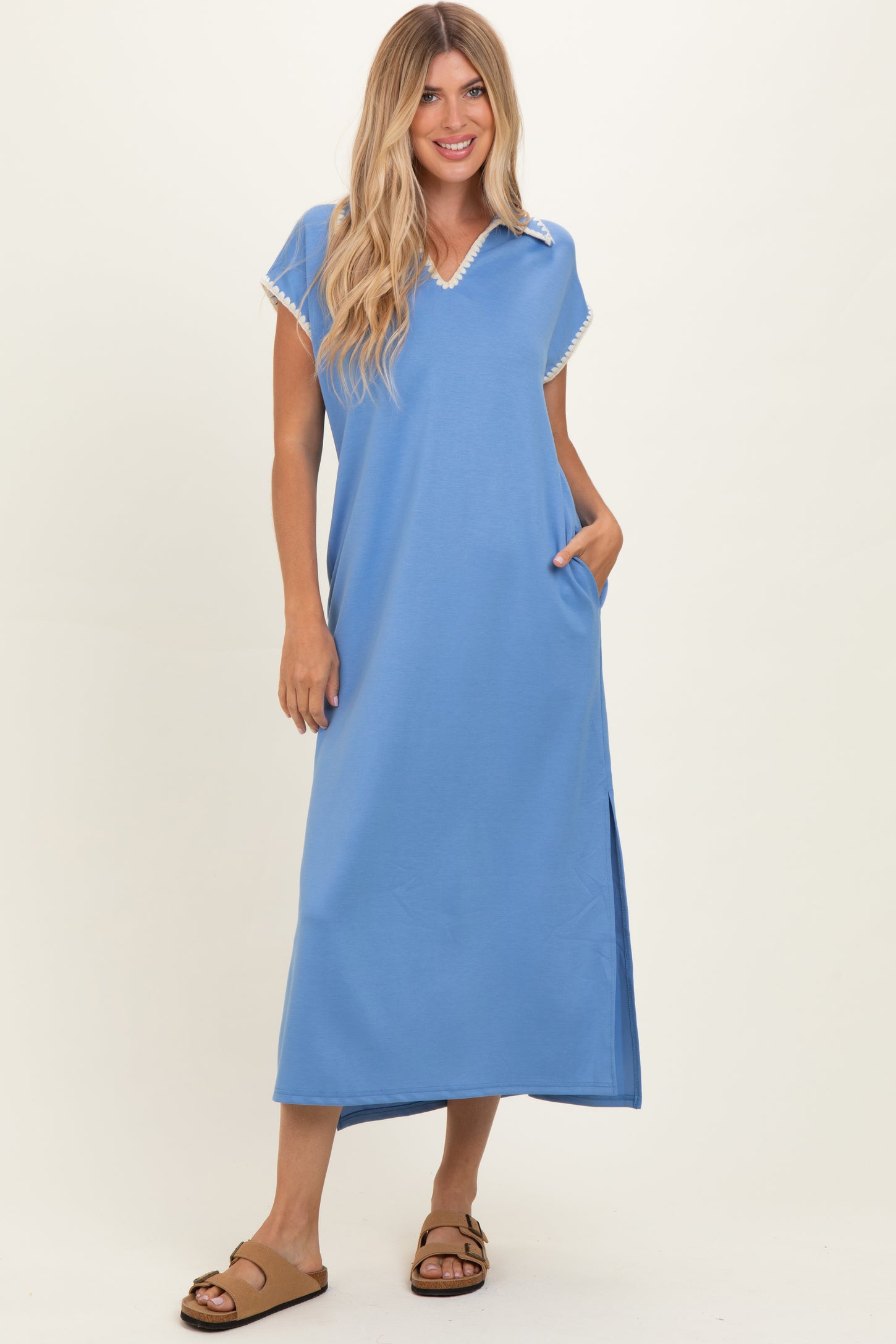 Blue Stitch Detail Collared Maternity Midi Dress