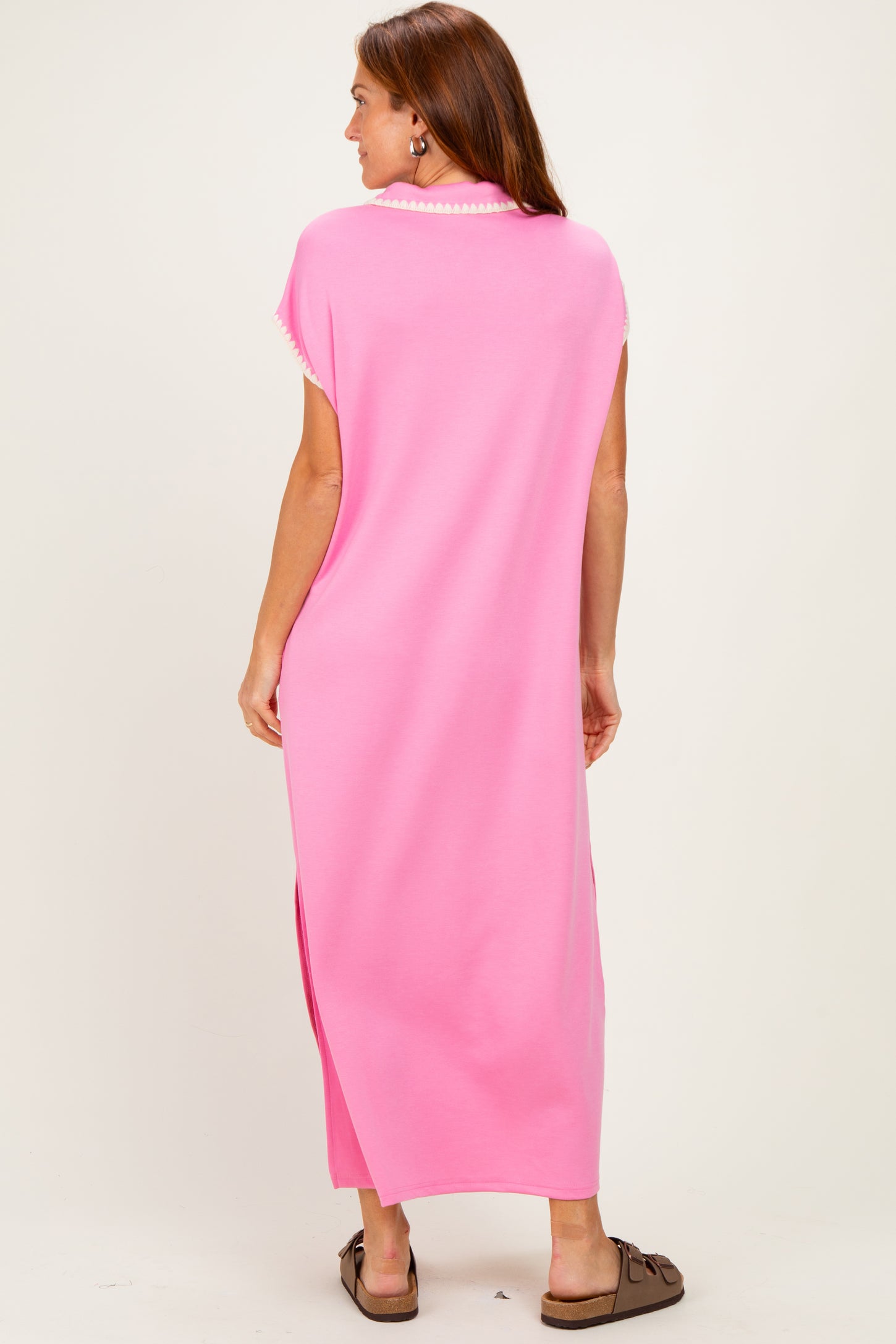 Pink Stitch Detail Collared Midi Dress