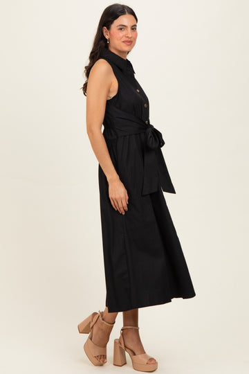 Black Button Up Sleeveless Midi Dress