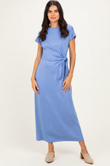 Blue Side Tie Short Sleeve Midi Dress