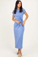 Blue Side Tie Short Sleeve Midi Dress