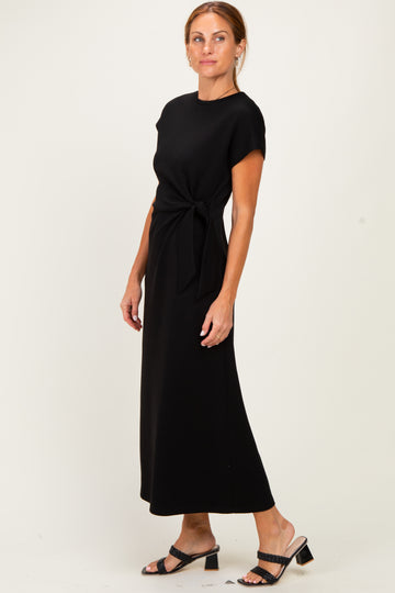 Black Side Tie Short Sleeve Midi Dress