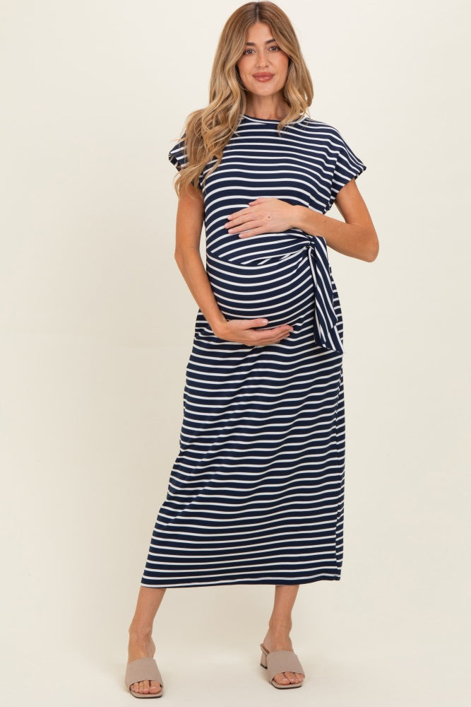 Navy Striped Side Tie Maternity Midi Dress