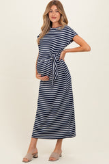 Navy Striped Side Tie Maternity Midi Dress