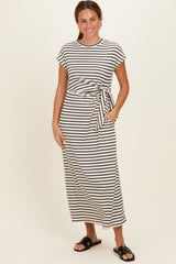 Cream Striped Side Tie Midi Dress