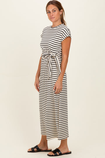 Cream Striped Side Tie Midi Dress