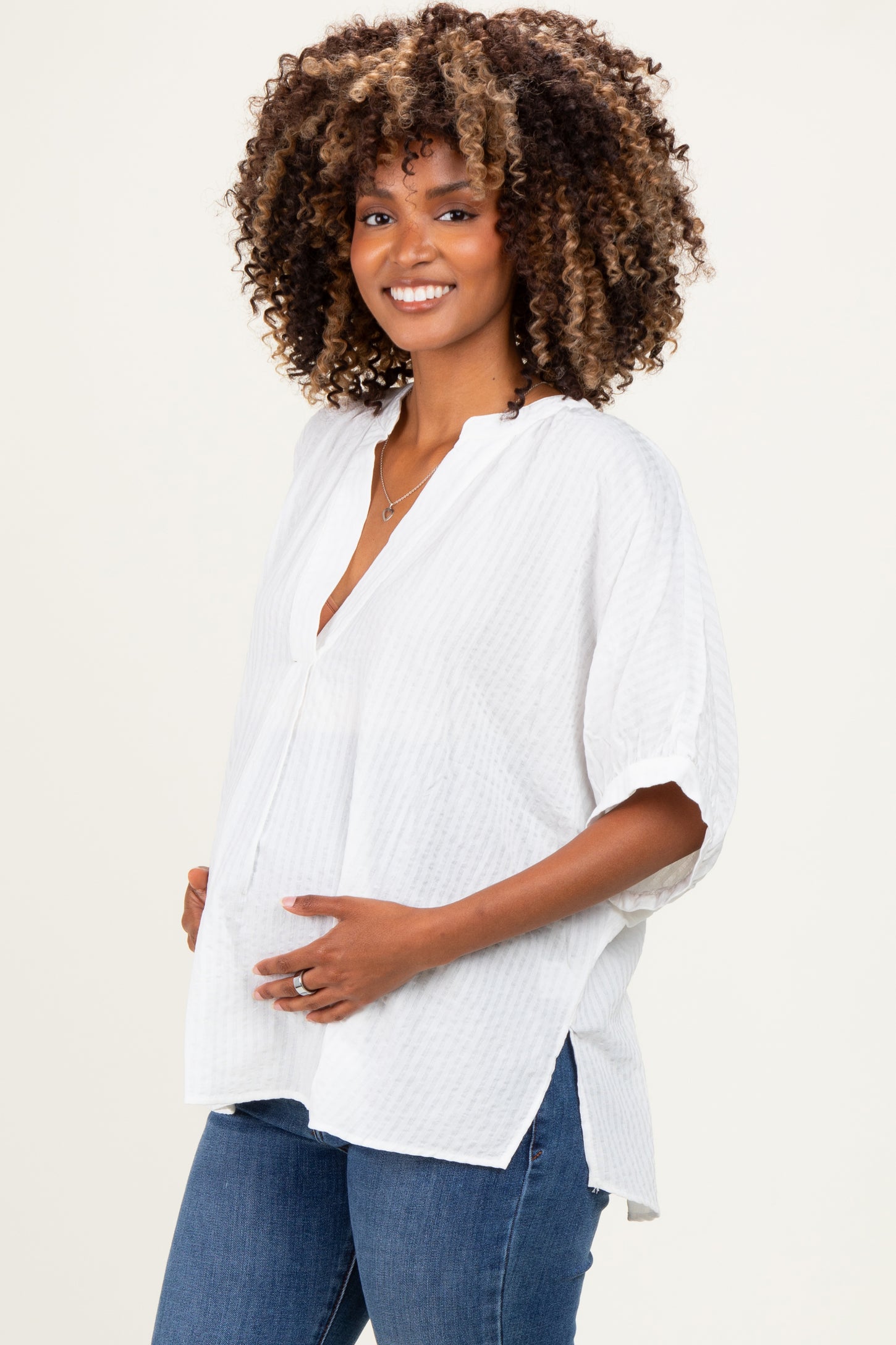 Off White Textured Stripe Oversized Maternity Blouse