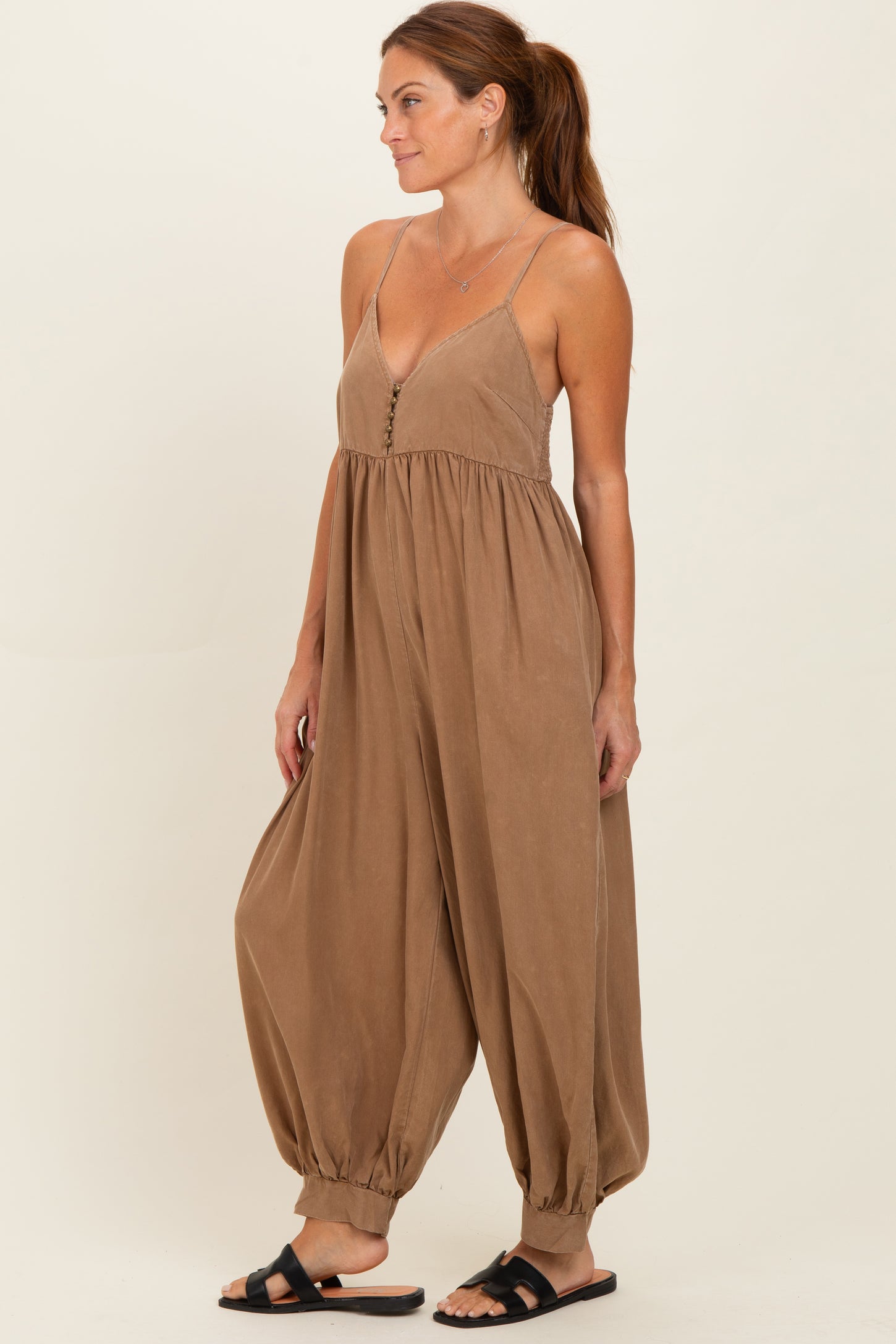 Mushroom Mineral Wash Sleeveless V-Neck Jumpsuit