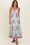 French Blue Floral Striped Contrast Strap Maxi Dress