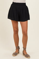Black Soft Washed Elastic Waist Shorts