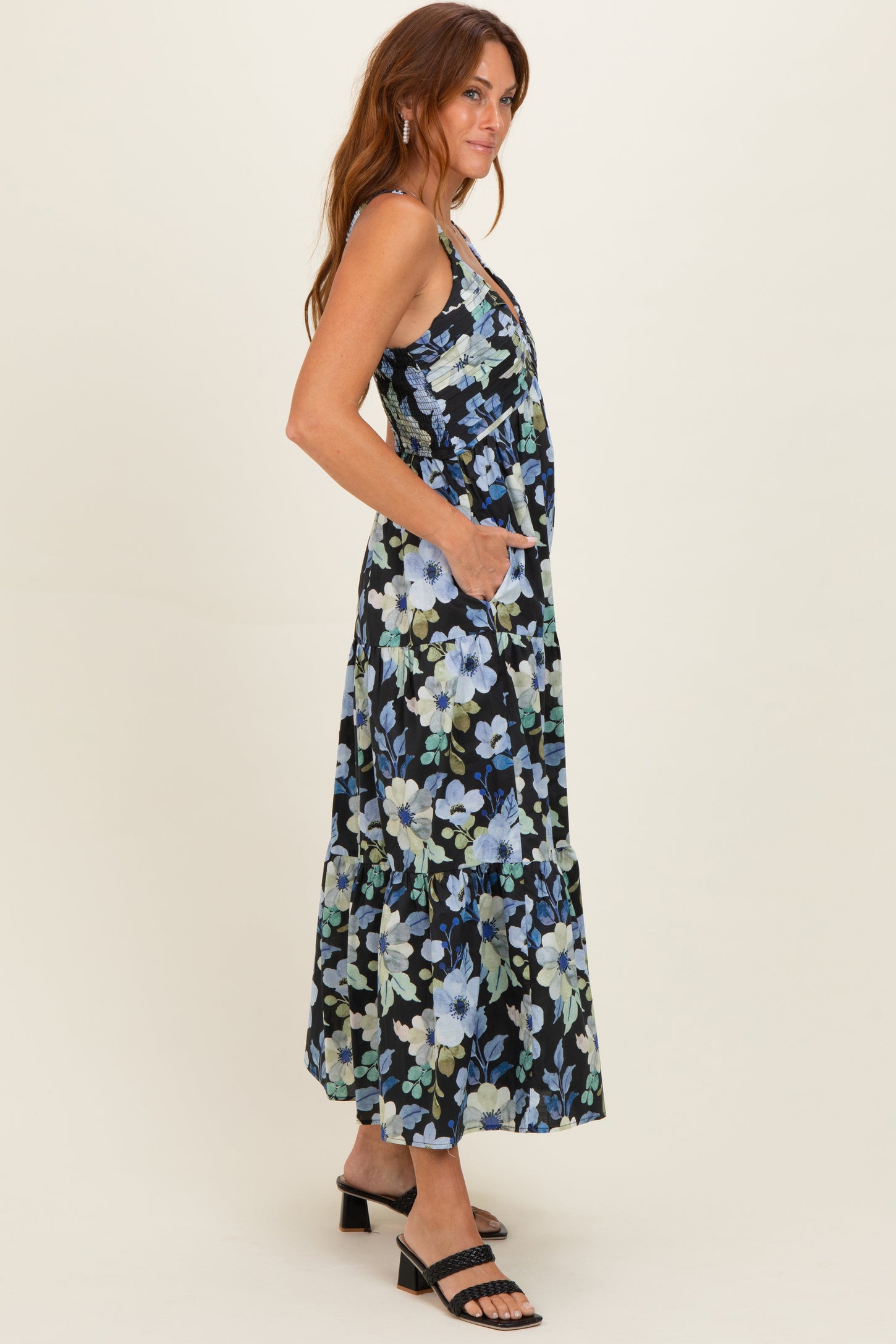 Black Floral Pleated Bust Tiered Maxi Dress