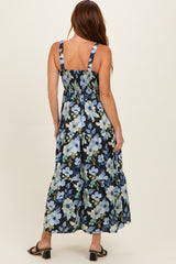 Black Floral Pleated Bust Tiered Maxi Dress