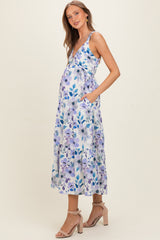 Lilac Blue Floral Pleated Bust Tiered Maternity Maxi Dress