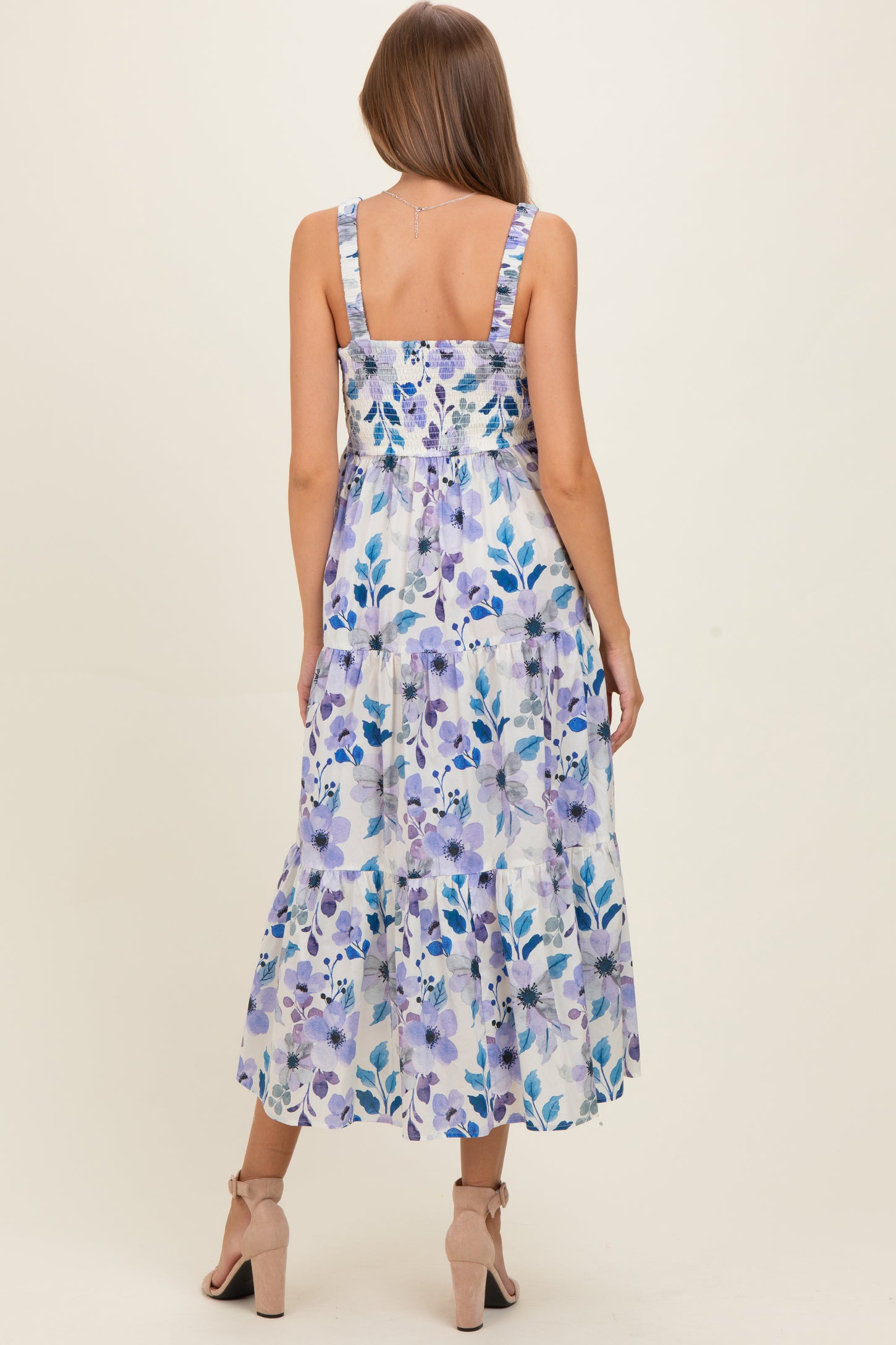 Lilac Blue Floral Pleated Bust Tiered Maternity Maxi Dress