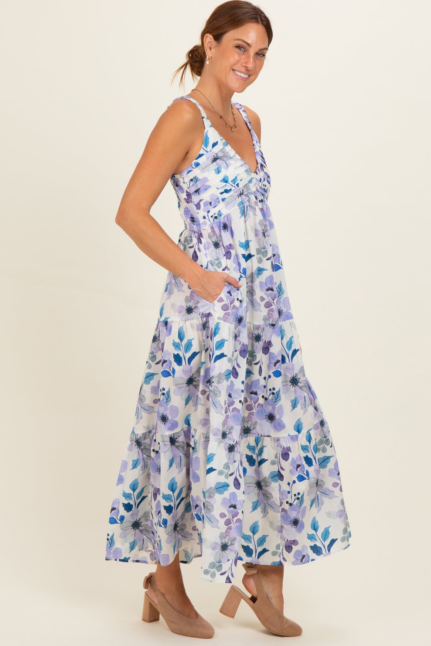 Lilac Blue Floral Pleated Bust Tiered Maxi Dress