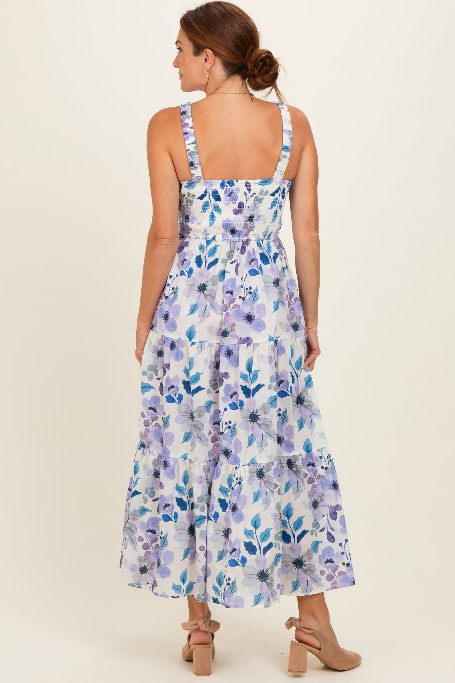 Lilac Blue Floral Pleated Bust Tiered Maxi Dress