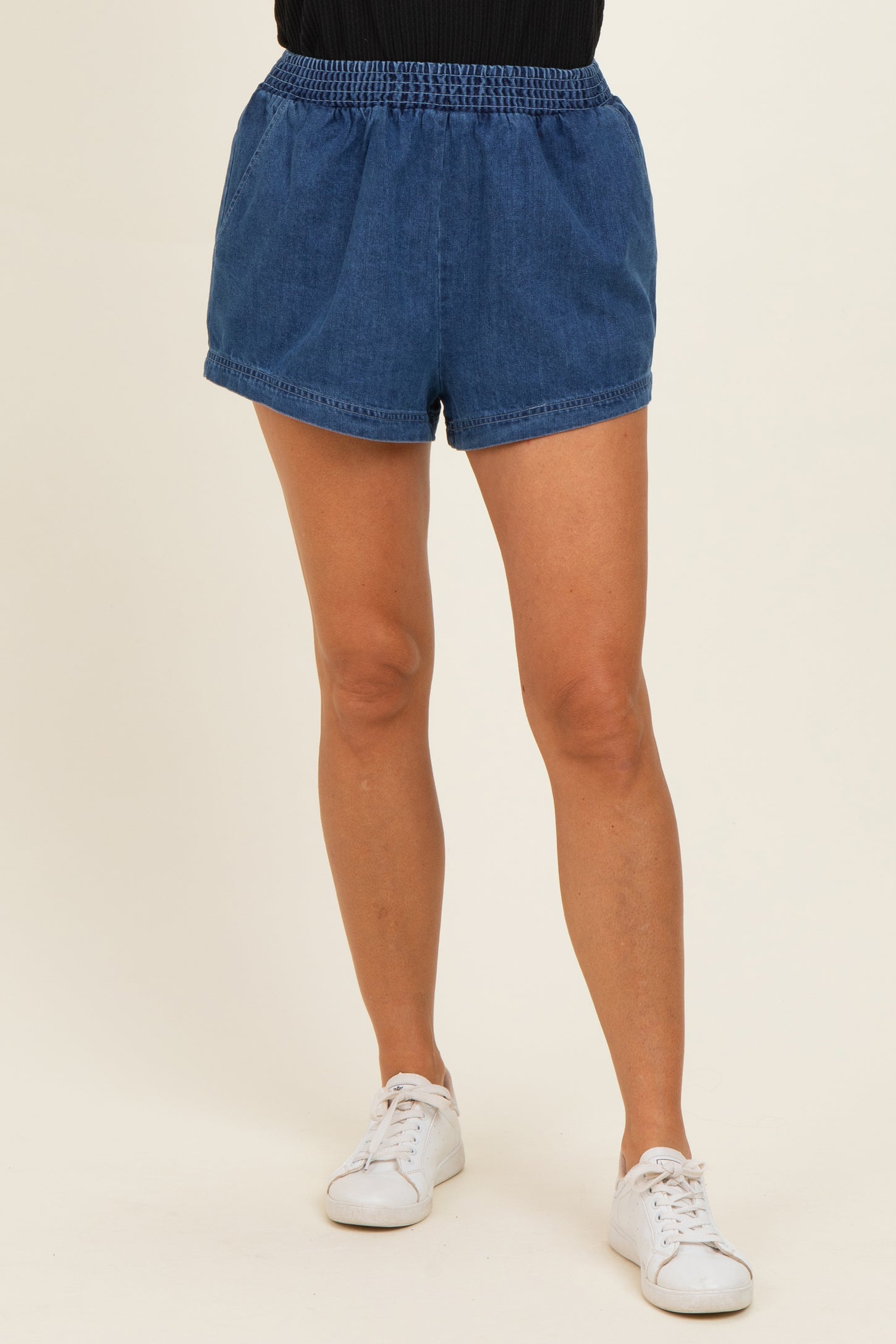 Dark Denim Elastic Waist Chambray Shorts