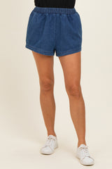 Dark Denim Elastic Waist Chambray Shorts