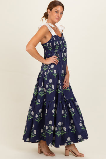 Navy Floral Sweetheart Neckline Smocked Maxi Dress