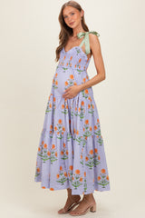 Lavender Floral Sweetheart Neckline Smocked Maternity Maxi Dress