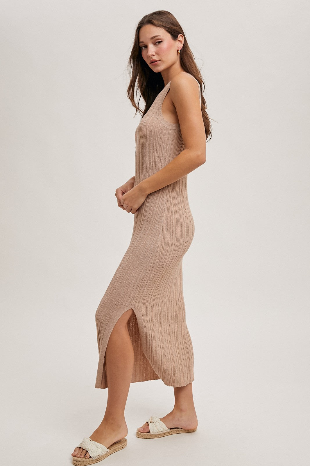 Latte High Neck Side Slit Midi Dress