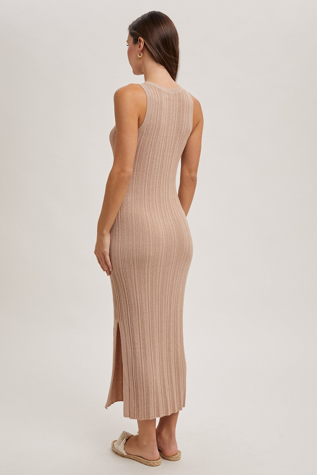 Latte High Neck Side Slit Midi Dress