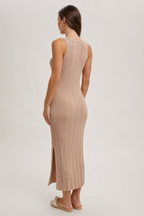 Latte High Neck Side Slit Midi Dress