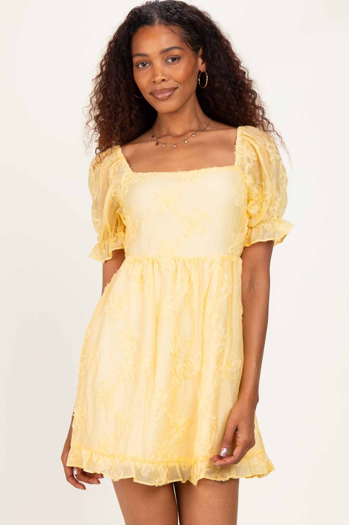 Yellow Floral Applique Puff Sleeve Mini Dress