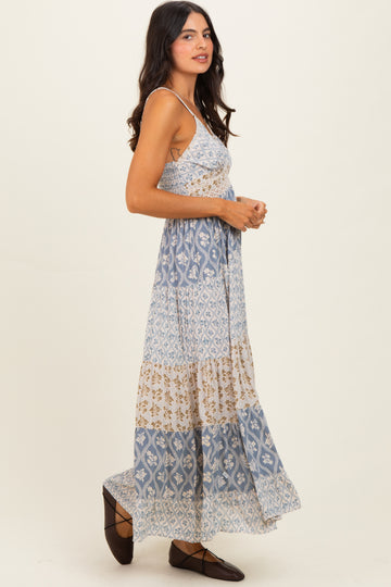 Vintage Blue Mixed Floral Lace Trim Maxi Dress