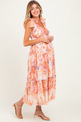 Peach Floral Plisse Shoulder Tie Maternity Dress