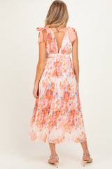 Peach Floral Plisse Shoulder Tie Maternity Dress