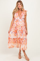 Peach Floral Plisse Shoulder Tie Maternity Dress