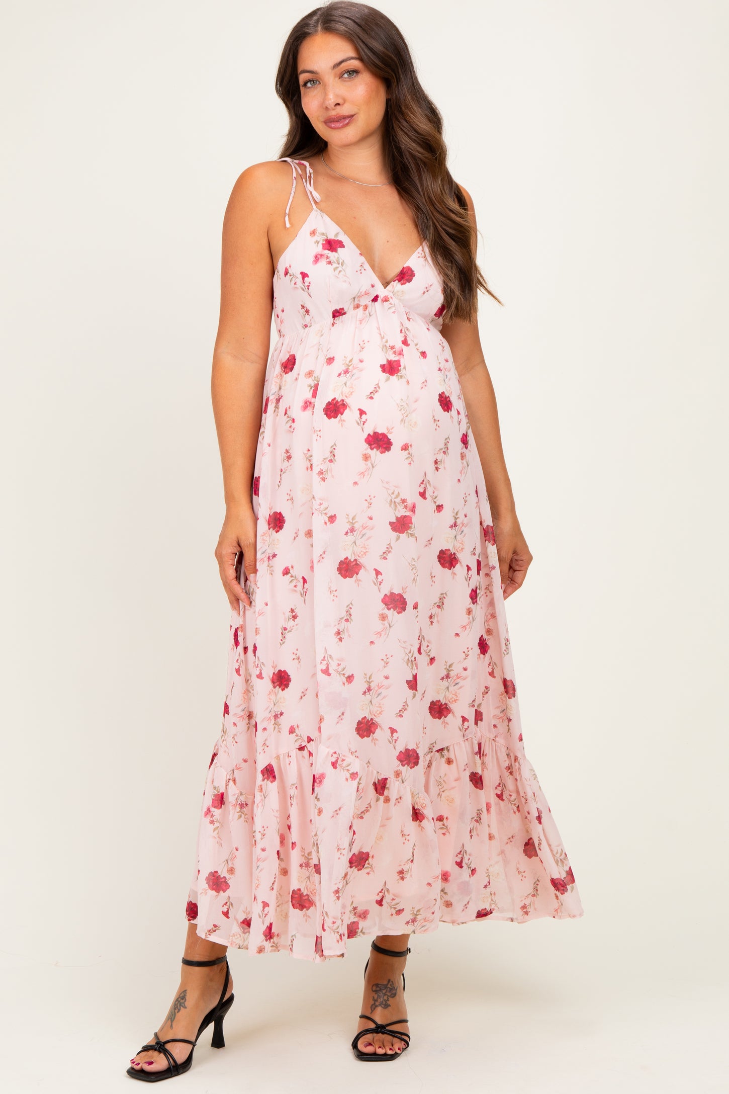 Pink Floral Shoulder Tie Ruffle Hem Maternity Maxi Dress