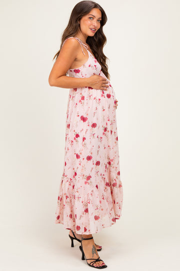 Pink Floral Shoulder Tie Ruffle Hem Maternity Maxi Dress