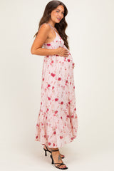 Pink Floral Shoulder Tie Ruffle Hem Maternity Maxi Dress
