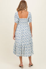 Porcelain Blue Floral Smocked Puff Sleeve Maternity Midi Dress