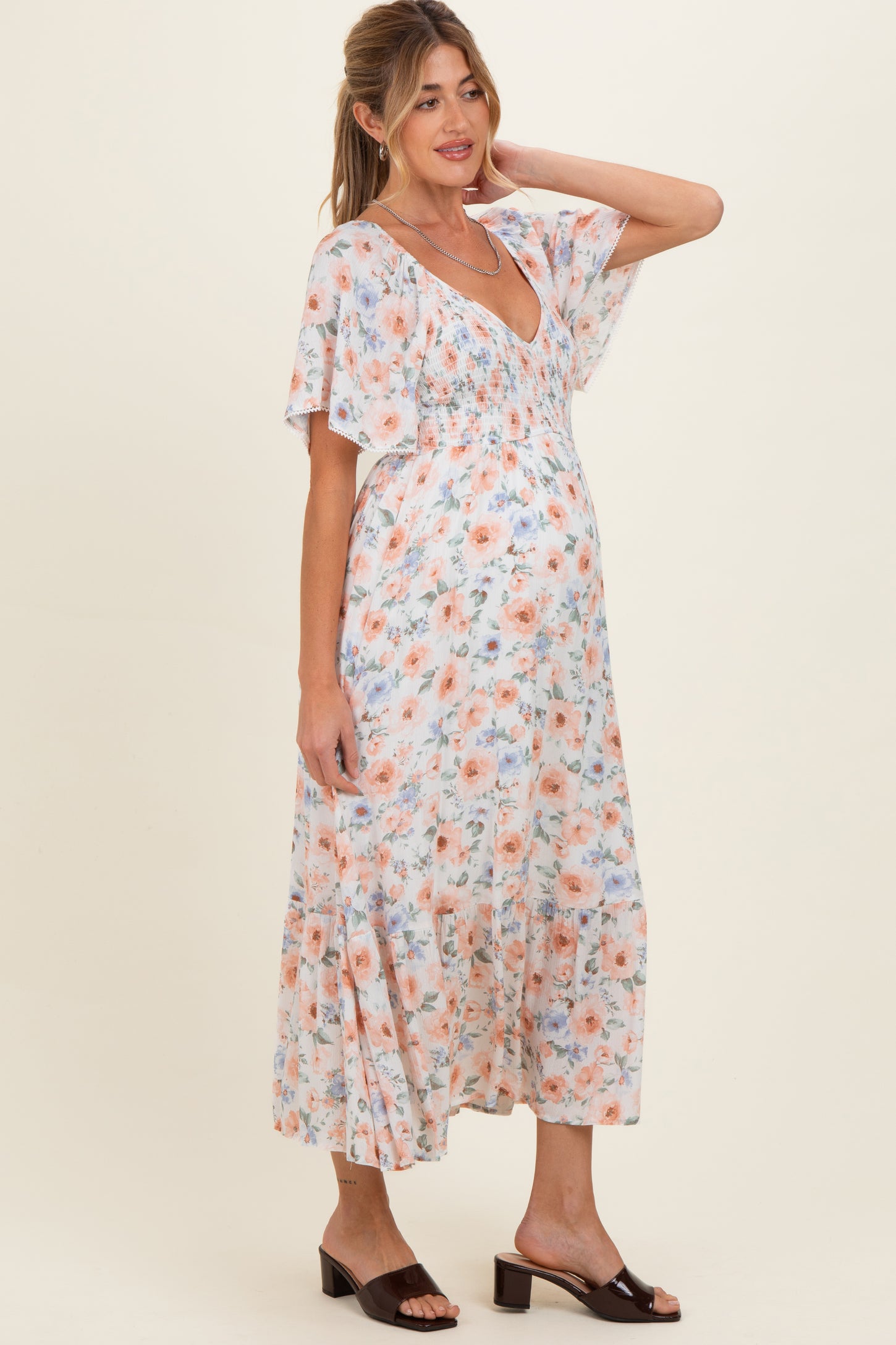 Multicolor Floral Smocked Flutter Sleeve Maternity Maxi Dress