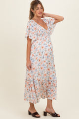 Multicolor Floral Smocked Flutter Sleeve Maternity Maxi Dress